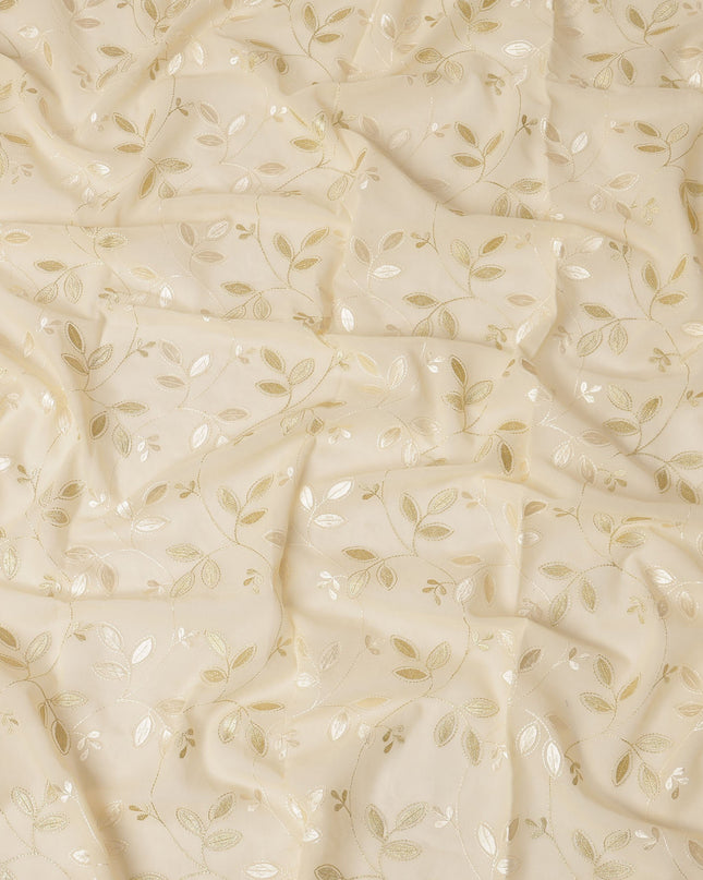 Cream Traditional Sudanese Thobe Fabric with Golden & Ivory Embroidery, Pure Cotton Voile, 4.5 Mtrs Length, 140 Cms Width, Made in India-D26386