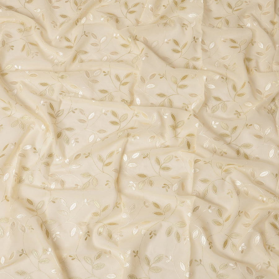 Cream Traditional Sudanese Thobe Fabric with Golden & Ivory Embroidery, Pure Cotton Voile, 4.5 Mtrs Length, 140 Cms Width, Made in India-D26386