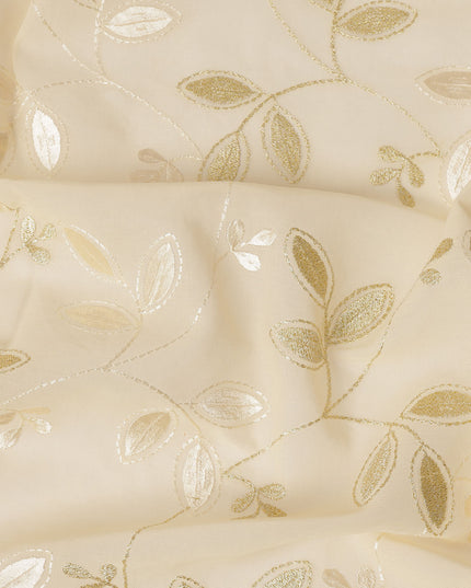 Cream Traditional Sudanese Thobe Fabric with Golden & Ivory Embroidery, Pure Cotton Voile, 4.5 Mtrs Length, 140 Cms Width, Made in India-D26386