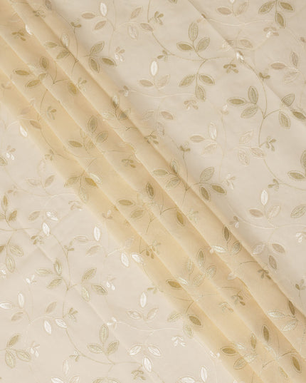 Cream Traditional Sudanese Thobe Fabric with Golden & Ivory Embroidery, Pure Cotton Voile, 4.5 Mtrs Length, 140 Cms Width, Made in India-D26386