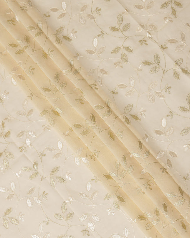 Cream Traditional Sudanese Thobe Fabric with Golden & Ivory Embroidery, Pure Cotton Voile, 4.5 Mtrs Length, 140 Cms Width, Made in India-D26386