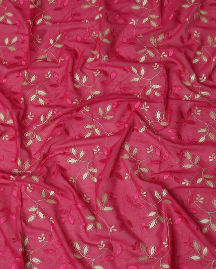 Pink Traditional Sudanese Thobe Fabric with Golden & Fuchsia Embroidery, Pure Cotton Voile, 4.5 Mtrs Length, 140 Cms Width, Made in India-D26385