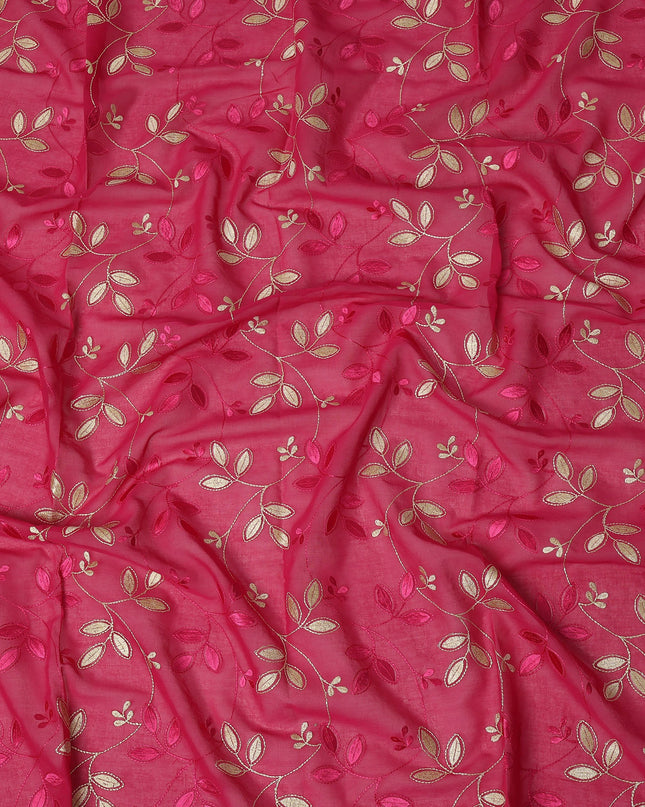 Pink Traditional Sudanese Thobe Fabric with Golden & Fuchsia Embroidery, Pure Cotton Voile, 4.5 Mtrs Length, 140 Cms Width, Made in India-D26385