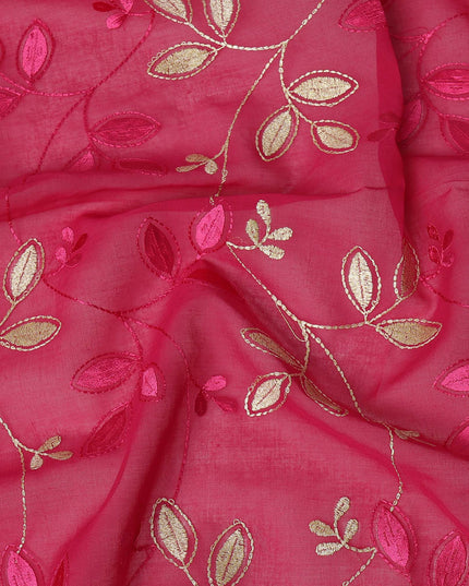 Pink Traditional Sudanese Thobe Fabric with Golden & Fuchsia Embroidery, Pure Cotton Voile, 4.5 Mtrs Length, 140 Cms Width, Made in India-D26385