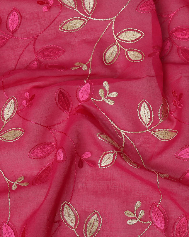 Pink Traditional Sudanese Thobe Fabric with Golden & Fuchsia Embroidery, Pure Cotton Voile, 4.5 Mtrs Length, 140 Cms Width, Made in India-D26385