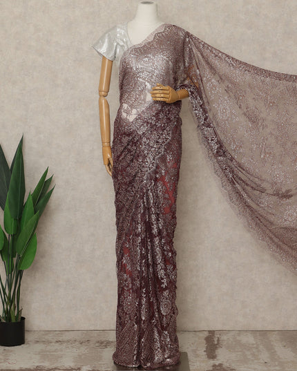 Wine Maroon Premium French Metallic Chantilly Lace Saree with Stone Work, 5.5 Mtrs Length, 110 Cms Width, Made in France-D27127 Regal Fabrics