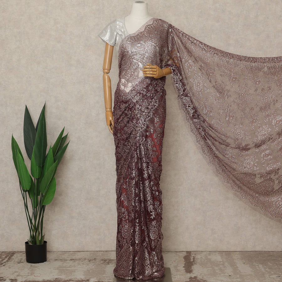 Wine Maroon Premium French Metallic Chantilly Lace Saree with Stone Work, 5.5 Mtrs Length, 110 Cms Width, Made in France-D27127 Regal Fabrics