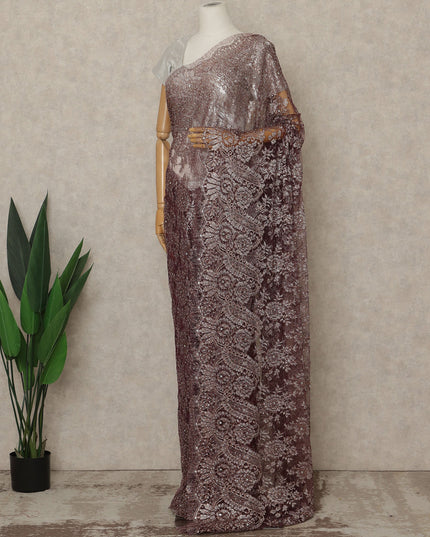Wine Maroon Premium French Metallic Chantilly Lace Saree with Stone Work, 5.5 Mtrs Length, 110 Cms Width, Made in France-D27127 Regal Fabrics