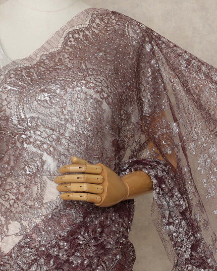 Wine Maroon Premium French Metallic Chantilly Lace Saree with Stone Work, 5.5 Mtrs Length, 110 Cms Width, Made in France-D27127 Regal Fabrics