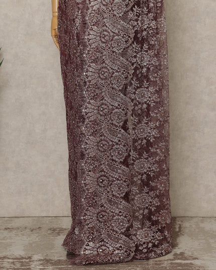 Wine Maroon Premium French Metallic Chantilly Lace Saree with Stone Work, 5.5 Mtrs Length, 110 Cms Width, Made in France-D27127 Regal Fabrics