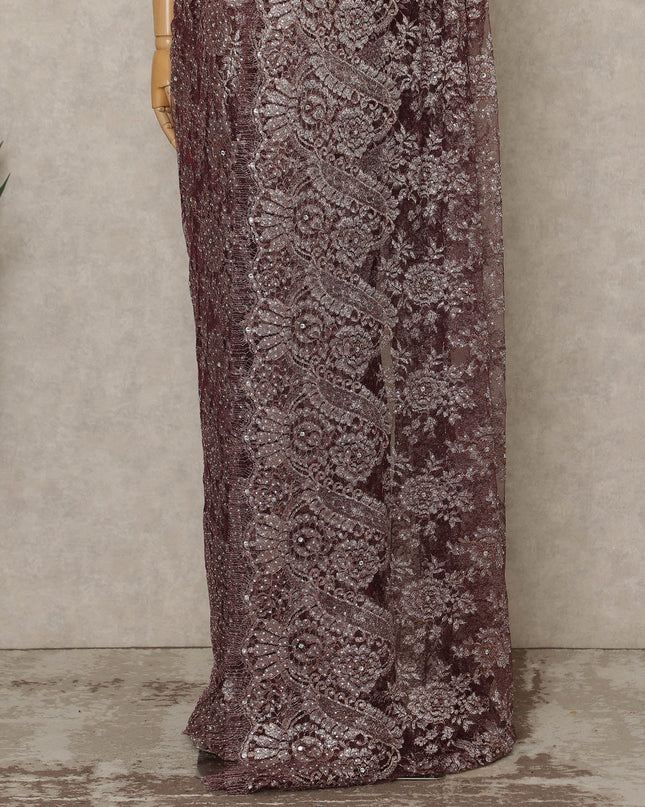 Wine Maroon Premium French Metallic Chantilly Lace Saree with Stone Work, 5.5 Mtrs Length, 110 Cms Width, Made in France-D27127 Regal Fabrics