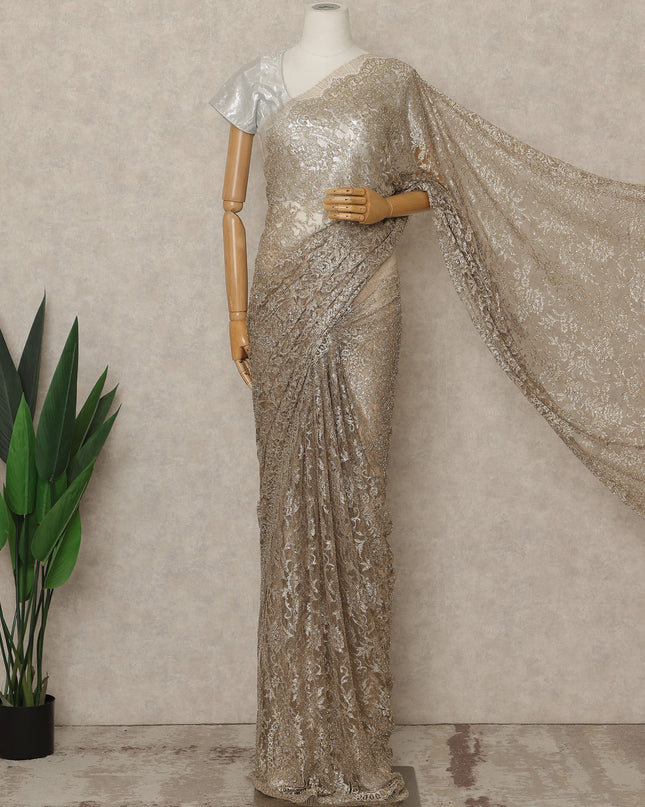 Champagne Gold Premium French Metallic Chantilly Lace Saree with Stone Work, 5.5 Mtrs Length, 110 Cms Width, Made in France-D27154