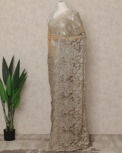 Champagne Gold Premium French Metallic Chantilly Lace Saree with Stone Work, 5.5 Mtrs Length, 110 Cms Width, Made in France-D27154