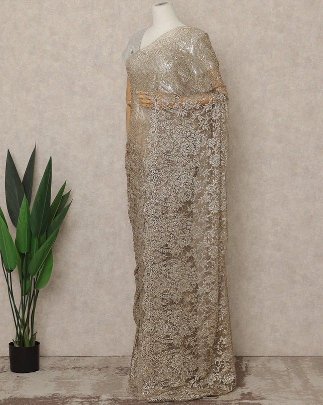 Champagne Gold Premium French Metallic Chantilly Lace Saree with Stone Work, 5.5 Mtrs Length, 110 Cms Width, Made in France-D27154