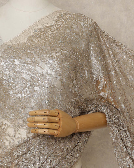 Champagne Gold Premium French Metallic Chantilly Lace Saree with Stone Work, 5.5 Mtrs Length, 110 Cms Width, Made in France-D27154