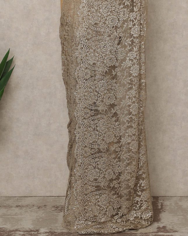 Champagne Gold Premium French Metallic Chantilly Lace Saree with Stone Work, 5.5 Mtrs Length, 110 Cms Width, Made in France-D27154