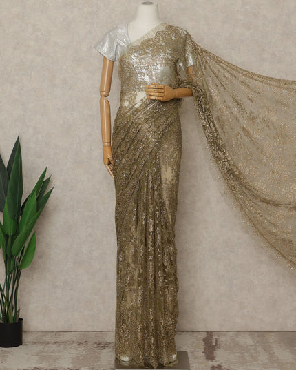 Olive Gold Premium French Metallic Chantilly Lace Saree with Stone Work, 5.5 Mtrs Length, 110 Cms Width, Made in France-D27153