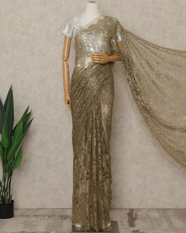 Olive Gold Premium French Metallic Chantilly Lace Saree with Stone Work, 5.5 Mtrs Length, 110 Cms Width, Made in France-D27153