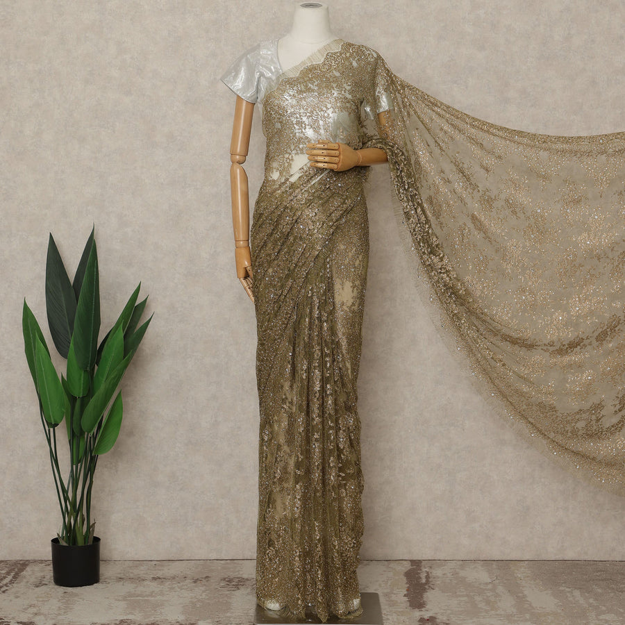 Olive Gold Premium French Metallic Chantilly Lace Saree with Stone Work, 5.5 Mtrs Length, 110 Cms Width, Made in France-D27153