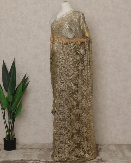 Olive Gold Premium French Metallic Chantilly Lace Saree with Stone Work, 5.5 Mtrs Length, 110 Cms Width, Made in France-D27153