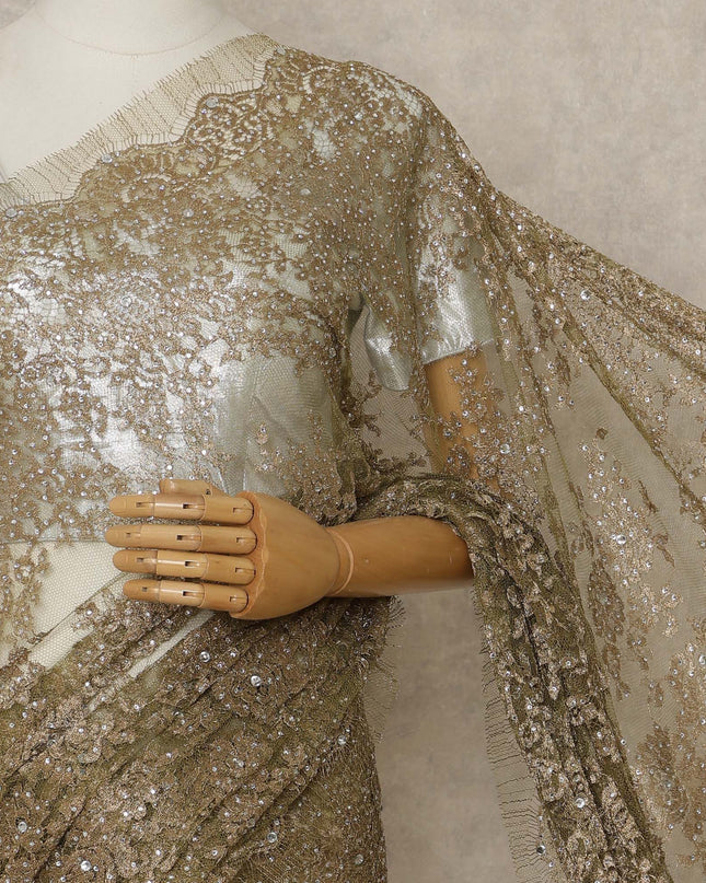 Olive Gold Premium French Metallic Chantilly Lace Saree with Stone Work, 5.5 Mtrs Length, 110 Cms Width, Made in France-D27153