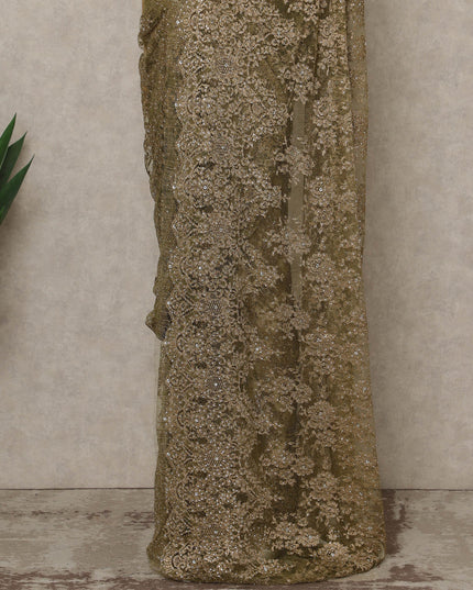Olive Gold Premium French Metallic Chantilly Lace Saree with Stone Work, 5.5 Mtrs Length, 110 Cms Width, Made in France-D27153