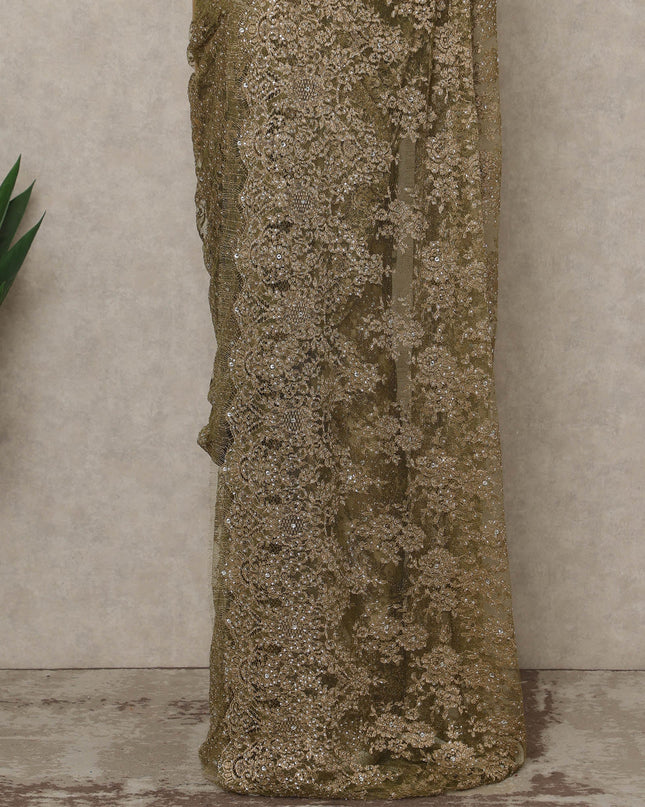 Olive Gold Premium French Metallic Chantilly Lace Saree with Stone Work, 5.5 Mtrs Length, 110 Cms Width, Made in France-D27153