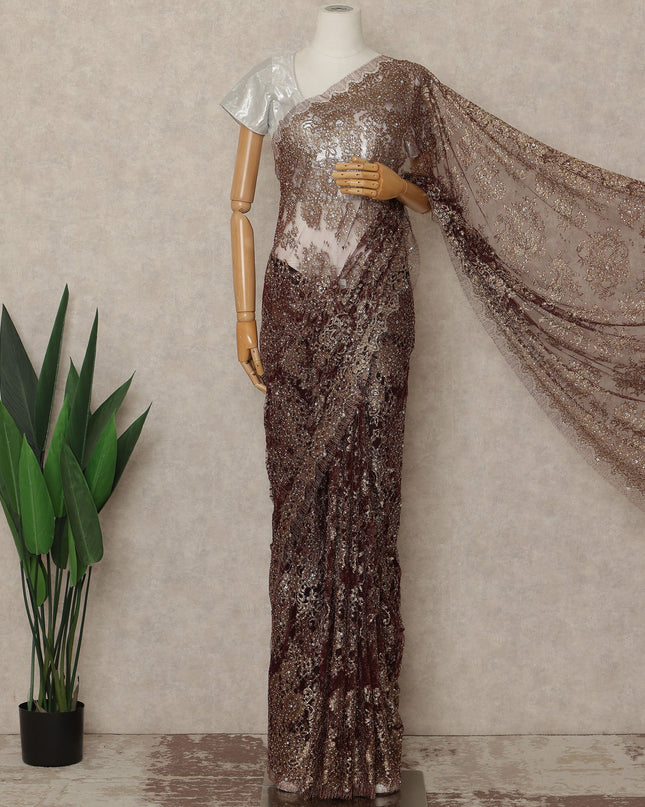 Bronze Brown Premium French Metallic Chantilly Saree Lace With Stone Work 110 Cms Width 5.5 Meters Piece From France-D27699