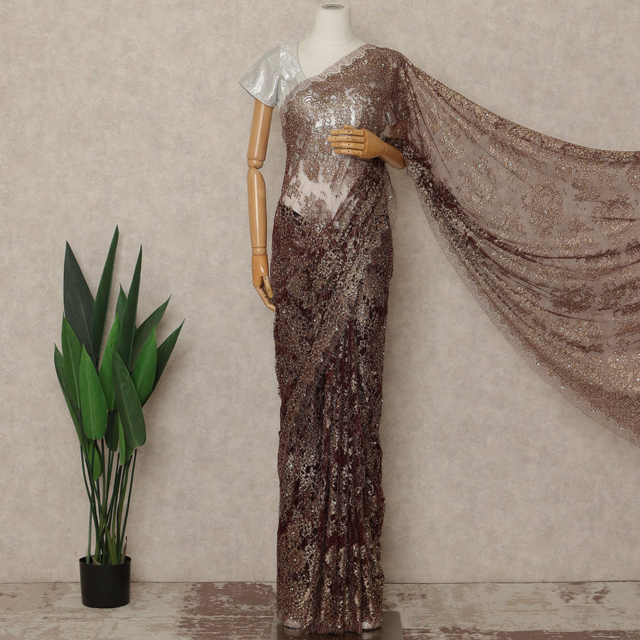 Bronze Brown Premium French Metallic Chantilly Saree Lace With Stone Work 110 Cms Width 5.5 Meters Piece From France-D27699