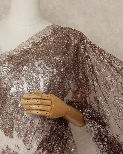 Bronze Brown Premium French Metallic Chantilly Saree Lace With Stone Work 110 Cms Width 5.5 Meters Piece From France-D27699