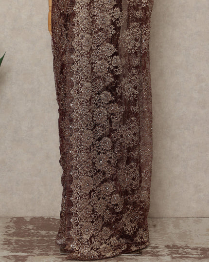 Bronze Brown Premium French Metallic Chantilly Saree Lace With Stone Work 110 Cms Width 5.5 Meters Piece From France-D27699