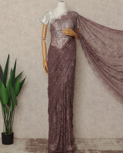 Dusty Rose Metallic Premium French Chantilly Saree Lace With Stone Work 110 Cms Width 5.5 Meters Piece From France-D27700