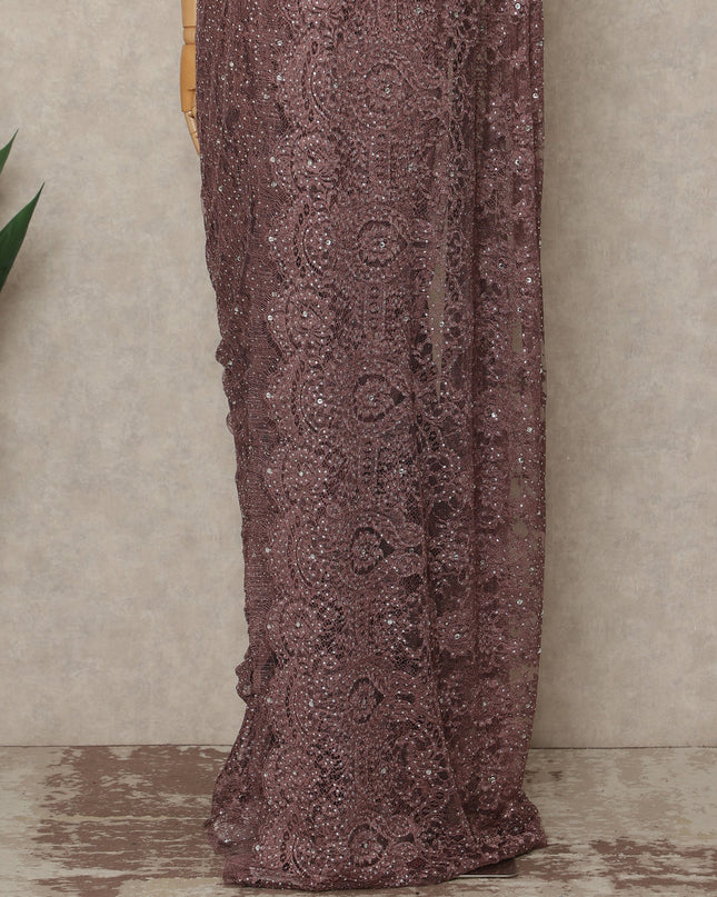 Dusty Rose Metallic Premium French Chantilly Saree Lace With Stone Work 110 Cms Width 5.5 Meters Piece From France-D27700