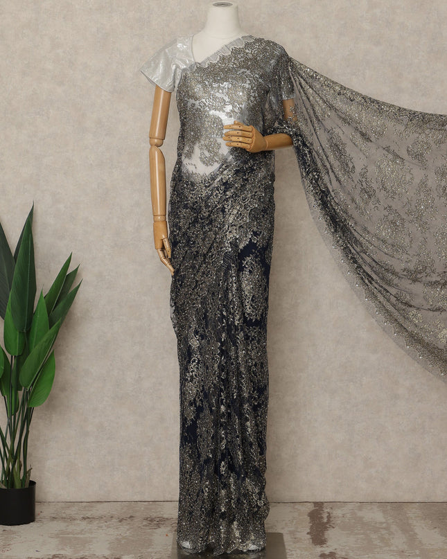 Blue Premium French Metallic Chantilly Lace Saree with Stone Work, 5.5 Mtrs Length, 110 Cms Width, Made in France-D27152