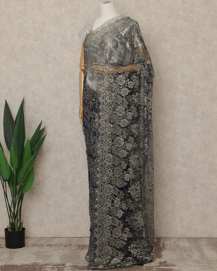 Blue Premium French Metallic Chantilly Lace Saree with Stone Work, 5.5 Mtrs Length, 110 Cms Width, Made in France-D27152 Regal Fabrics