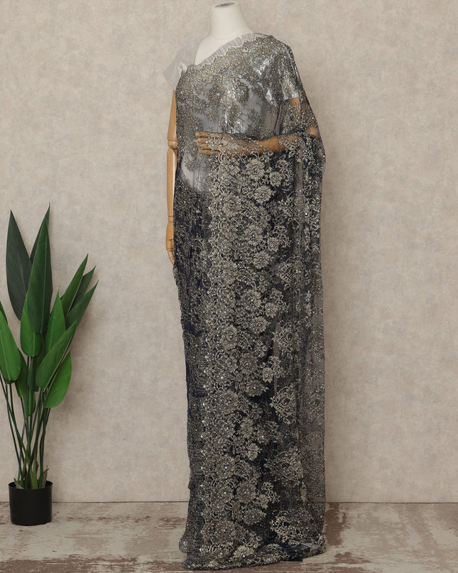 Blue Premium French Metallic Chantilly Lace Saree with Stone Work, 5.5 Mtrs Length, 110 Cms Width, Made in France-D27152