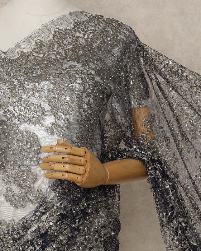 Blue Premium French Metallic Chantilly Lace Saree with Stone Work, 5.5 Mtrs Length, 110 Cms Width, Made in France-D27152