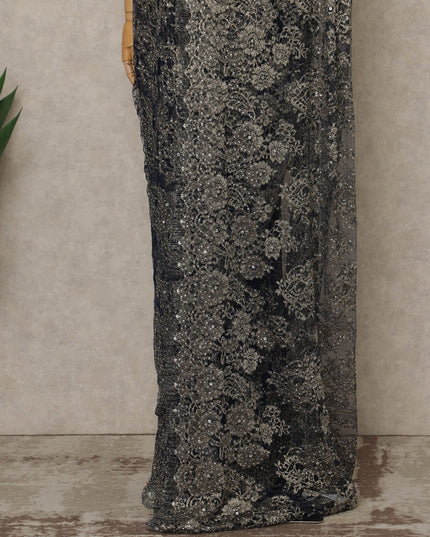 Blue Premium French Metallic Chantilly Lace Saree with Stone Work, 5.5 Mtrs Length, 110 Cms Width, Made in France-D27152 Regal Fabrics