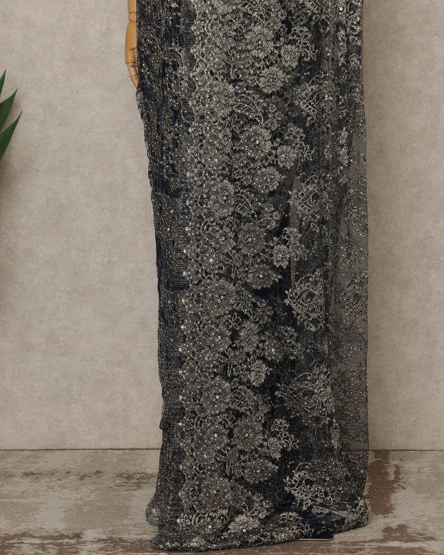 Blue Premium French Metallic Chantilly Lace Saree with Stone Work, 5.5 Mtrs Length, 110 Cms Width, Made in France-D27152