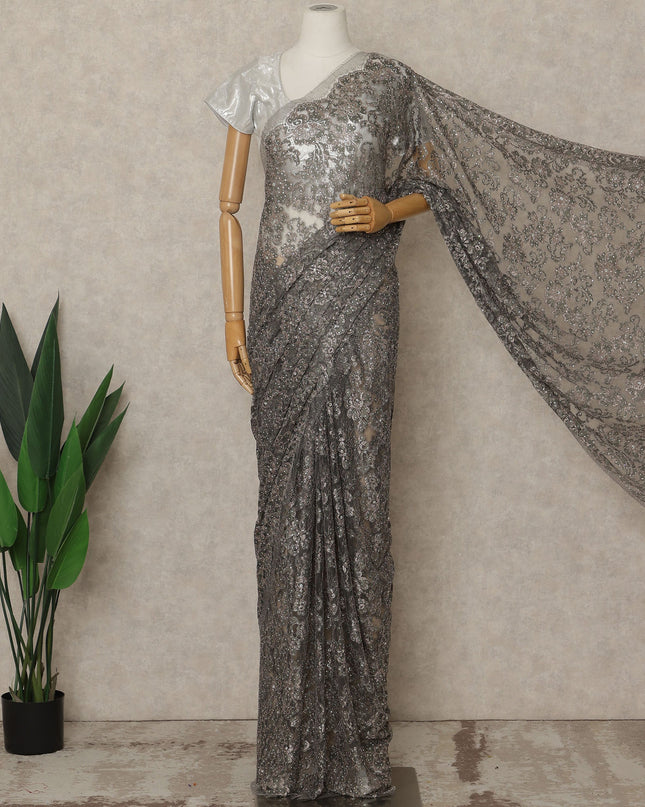 Silver Grey Premium French Metallic Chantilly Lace Saree with Stone Work, 5.5 Mtrs Length, 110 Cms Width, Made in France-D27126 Regal Fabrics