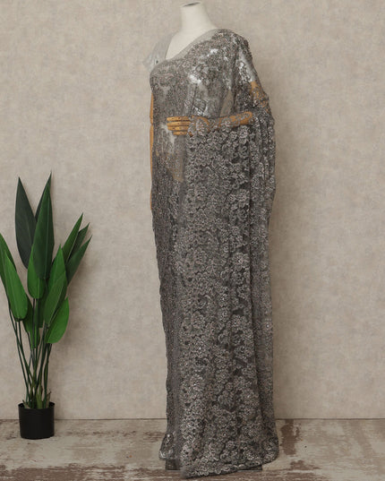 Silver Grey Premium French Metallic Chantilly Lace Saree with Stone Work, 5.5 Mtrs Length, 110 Cms Width, Made in France-D27126 Regal Fabrics