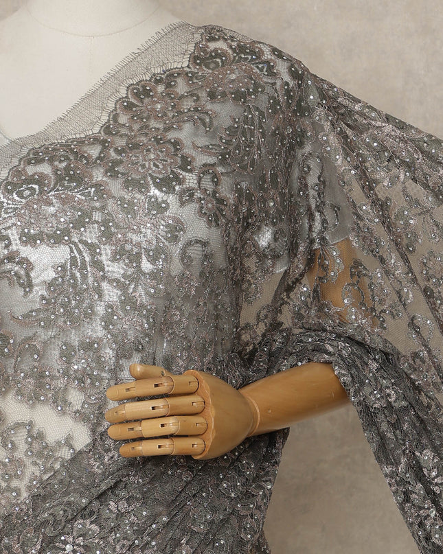 Silver Grey Premium French Metallic Chantilly Lace Saree with Stone Work, 5.5 Mtrs Length, 110 Cms Width, Made in France-D27126 Regal Fabrics