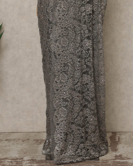 Silver Grey Premium French Metallic Chantilly Lace Saree with Stone Work, 5.5 Mtrs Length, 110 Cms Width, Made in France-D27126 Regal Fabrics