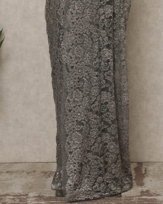 Silver Grey Premium French Metallic Chantilly Lace Saree with Stone Work, 5.5 Mtrs Length, 110 Cms Width, Made in France-D27126 Regal Fabrics