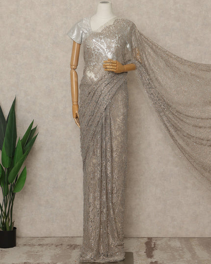 Platinum Pink Premium French Metallic Chantilly Lace Saree with Stone Work, 5.5 Mtrs Length, 110 Cms Width, Made in France-D27134