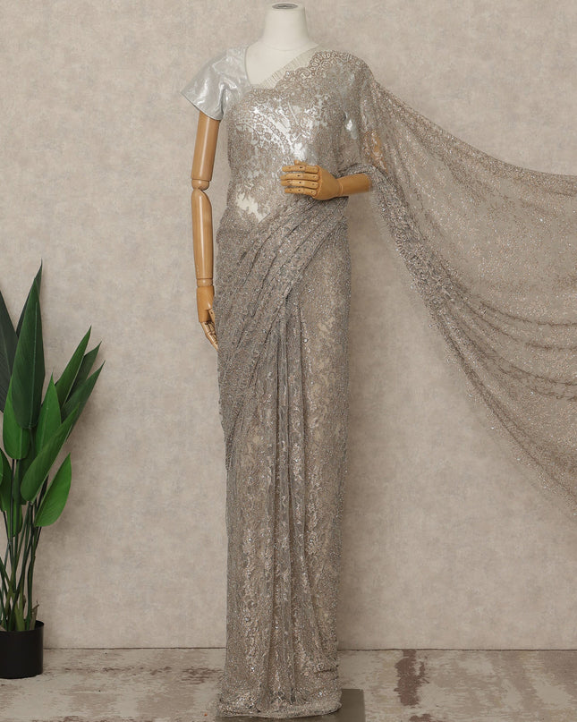 Platinum Pink Premium French Metallic Chantilly Lace Saree with Stone Work, 5.5 Mtrs Length, 110 Cms Width, Made in France-D27134