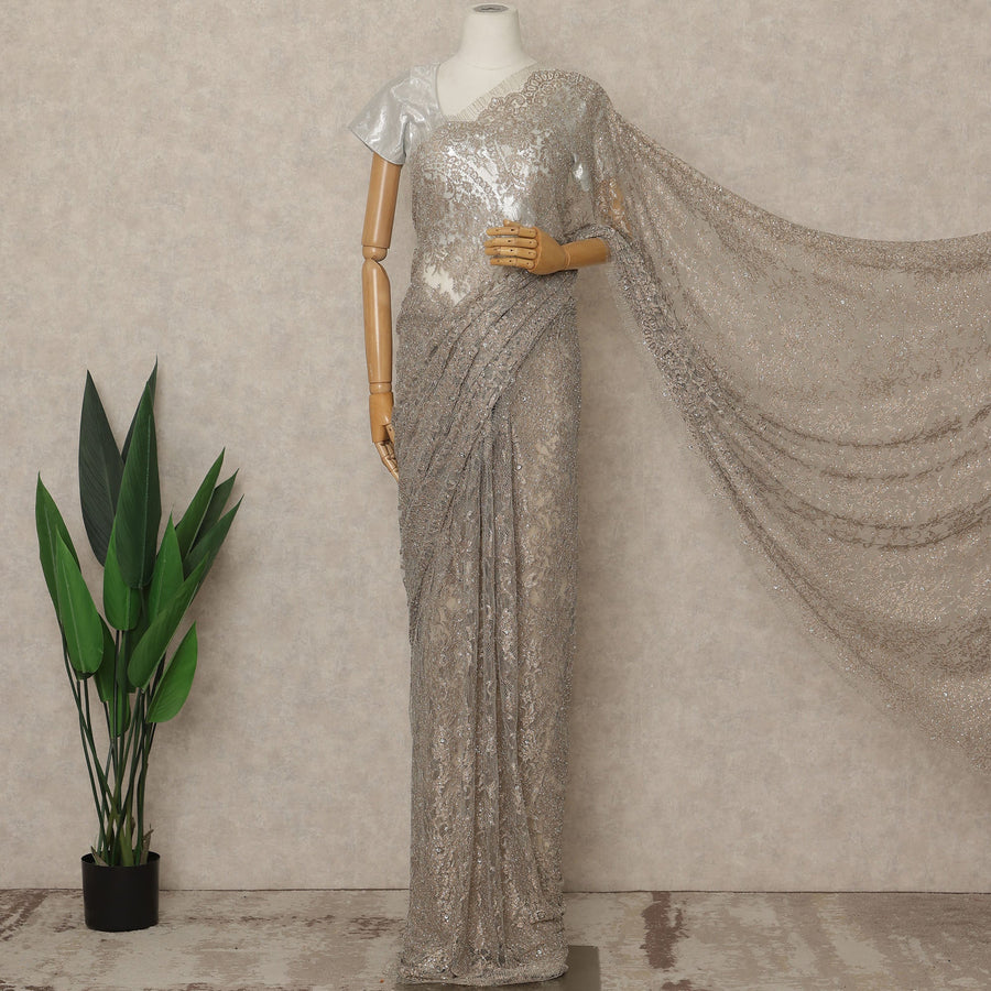 Platinum Pink Premium French Metallic Chantilly Lace Saree with Stone Work, 5.5 Mtrs Length, 110 Cms Width, Made in France-D27134