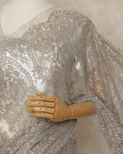 Platinum Pink Premium French Metallic Chantilly Lace Saree with Stone Work, 5.5 Mtrs Length, 110 Cms Width, Made in France-D27134