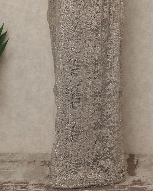 Platinum Pink Premium French Metallic Chantilly Lace Saree with Stone Work, 5.5 Mtrs Length, 110 Cms Width, Made in France-D27134