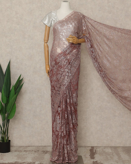 Dusty Rose Premium French Metallic Chantilly Lace Saree with Stone Work, 5.5 Mtrs Length, 110 Cms Width, Made in France-D27131 Regal Fabrics